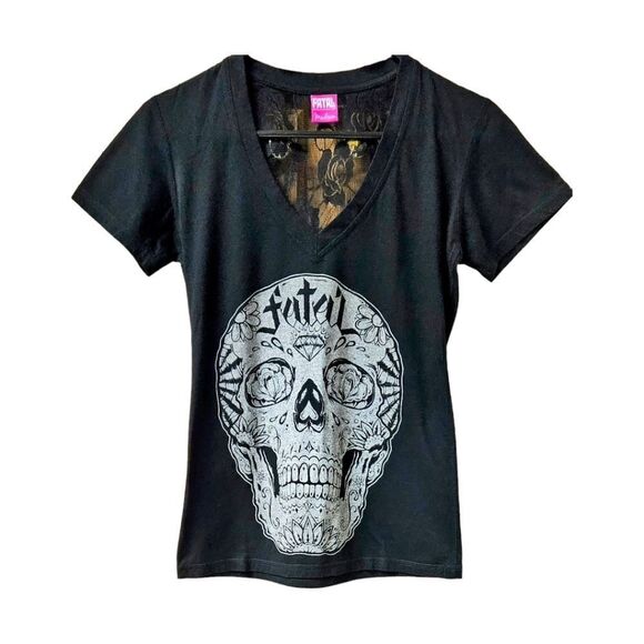 Fatal Tops - FATAL Women's NEW V- Neck Skull Rose Lace Sexy Tee.
